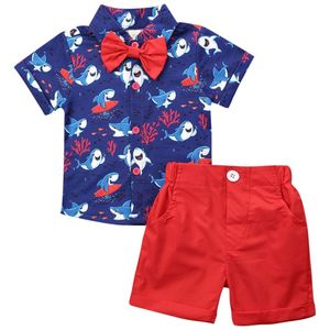 2 Stuks Zomer Outfits Voor Peuter Baby Kids Boy Gentleman Cartoon Shark Print Shirt Tops + Sheer Shorts Kinderen kleding Set