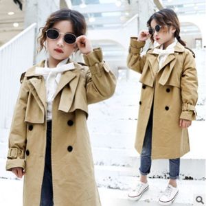 Meisjes Taille Trenchcoat Lente en Herfst kinderen Kaki Kleur Windjack Double-Breasted Size110-160 Voor 4-14 ly498