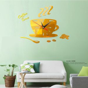 3D Acryl Wandklok Diy Koffie Tijd Klok Moderne Voor Keuken Home Decor Cup Vorm Muursticker Hollow Cijfer Klok