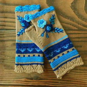 Vrouwen Warm Breien Hand Haak Jacquard Gebreide Half-Vinger Winter Handschoenen Wanten Handgemaakte Bloem Borduren Handschoenen