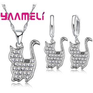 Mooie Leuke Perzische Kat Hangers 925 Sterling Zilveren Sieraden Sets Sparkling Cubic Zirkoon Ketting Oorbellen Voor Vrouwen Meisjes