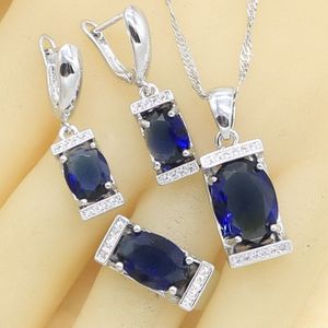 Zilver Kleur Sieraden Sets Voor Vrouwen Blauwe Halfedelstenen Oorbellen Ketting Hanger Ringen Gratis Geschenkdoos