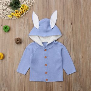 Brand Baby Meisje Jongen Winter Warm Jasje 3D Bunny Oren Capuchon Lange Mouwen Single Breasted Solid gebreide Jassen