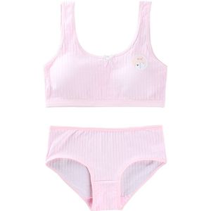 Puberteit Tieners Meisjes 2Pcs Sport Ondergoed Set Geribbelde Cute Bear Print Zoete Strik Padded Wirefree Training Beha En Bijpassende