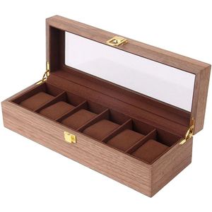 6 Slots Hout Horloge Display Box Case Glas Top Locking Organizer C