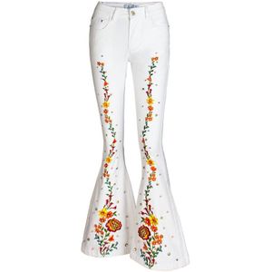 LOGAMI Wit Bloemen Borduren Jeans Vrouw Flare Broek Plus Size Vrouwen 4XL Dames Jeans