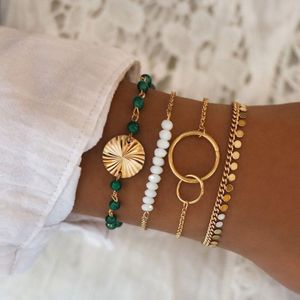 4 Stks/set Groene Kralen Ketting Armbanden Set Voor Vrouwen Kralen Strand Ronde Loop Charm Armbanden Vrouwen Gold Link Chain braclets