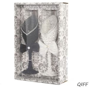 2 stuks Set Bruiloft Glas Creatieve Zwart Witte Jurk Crystal Bruiloft Champagne Glas