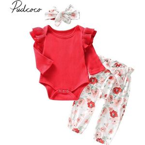 Baby Lente Herfst Kleding 3PCS Pasgeboren Baby Meisjes Tops Geribbelde Gebreide Romper Bloemen Broek Hoofdband Outfits Set Kleding