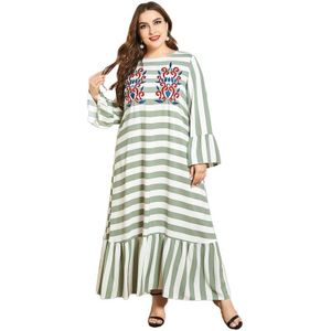 Abaya Voor Vrouwen Etnische Borduurwerk Streep Moslim Jurk Lange Flare Mouw Plus Size Maxi Jurken Vestidos Largos Lichtgroen