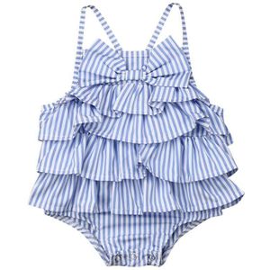 Kinderen Zomer Kleding Een Stuk Infant Kids Baby Meisjes Jongens Gestreepte Bodysuits Mouwloze Blauw Strik Verstoorde Jumpsuits