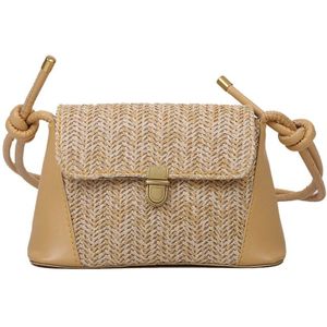 Stro Geweven Vrouwen Messenger Bag Bohemian Stiksels Pu Lederen Schoudertas Onderarm Zak