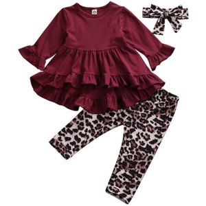 Canis Herfst Peuter Kid Baby Meisje Luipaard Outfit Kleding Lange Mouwen Ruches T-shirt Top Jurk + Broek Set
