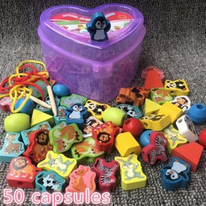 50 Stks/set Houten Kralen Speelgoed Cartoon Fruit Dieren Kralen Rijgen Threading Kralen Spel Onderwijs Speelgoed Voor Kinderen Xmas