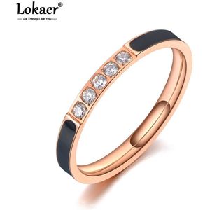 Lokaer Trendy Titanium Rvs Fine Sieraden Zwart Acryl & Cz Crystal Ringen Bridal Wedding Ring Voor Vrouwen R19126