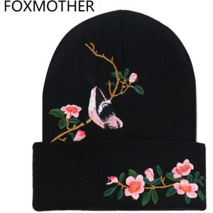 FOXMOTHER Mode Zwarte Vogel Op Boom Takken Bloemen Borduren Skullies Mutsen Bonnet Gorros Caps Winter Vrouwen Meisjes