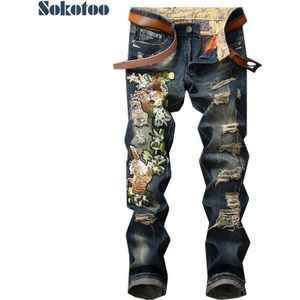 Sokotoo Mannen tijger borduurwerk gaten ripped jeans Mode slim verontruste trendy denim broek