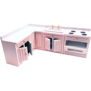 1:12 Poppenhuis Mini Houten Keukenkast Moderne Meubels Diy Roze