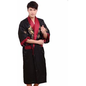 Twee Side Borduren Dragon Mannen Satijn Kimono Robe Gown Black Red Omkeerbare Badjas Casual Nachtkleding Nachtkleding Met Riem