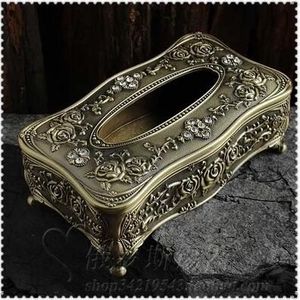 Klassieke luxe tin legering metalen rechthoek tissue box servet papier decoratieve tissue box cover reliëf rose diamond inlayedZJH023