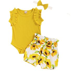 Baby Zomer Kleding Pasgeboren Zuigelingen Meisjes Casual Mouwloze Ruches Romper Tops Zonnebloem Shorts Hoofdband Outfits Set