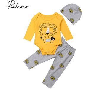 Baby Zomer Kleding 0-3Y Infant Kids Baby Jongens Meisjes Cartoon Lion Print Lange Mouwen Romper + Broek + Hoeden 3Pcs Sets Outfits