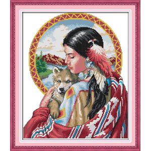 Mooie indian meisje gedrukt canvas dmc geteld chinese borduurpakketten gedrukt kruissteek set borduren handwerken