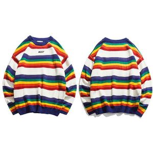 Harajuku Retro Regenboog Gebreide Gestreepte Trui Heren Hip Hop Trui Streetwear Man Mode Herfst Trui Katoen