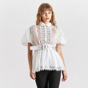 Twotwinstyle Borduren Patchwork Vrouwen Blouse Revers Kraag Half Mouwen Tuniek Chiffon Shirt Vrouwelijke Mode Zomer