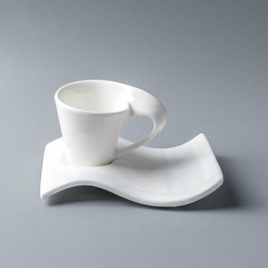 Moderne Creatieve Zuiver Wit Cafe Espresso Koffiekopje Met Schotel Chinese Porselein Wave Cappuccino Expresso Mok Set Theekopje