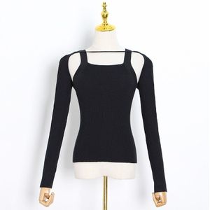 Twotwinstyle Patchwork Trui Voor Vrouwen Vierkante Kraag Lange Mouw Slanke Minimalistische Zwart Tops Vrouwelijke Fall Tij