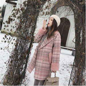 MISHOW herfst winter plaid wollen jas mode causale vrouwen kraag lange roze jas MX18D9678