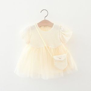 2022 Koreaanse Baby Zomer Jurk Met Tas Bladerdeeg Mouw Schattige Prinses Jurken Voor Kinderen Kleding Roze Wit Verjaardag Jurk Voor peuter