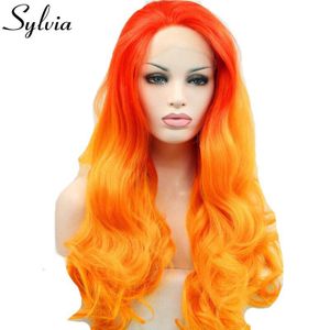 Sylvia Oranje Twee Tone Ombre Body Wave Synthetische Lace Front Pruiken Gratis Afscheid Lijmloze Hittebestendige Vezel Haar voor Vrouw