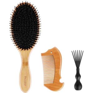 Frcolor Varkenshaar Borstel Set Natuurlijke Houten Bamboe Handvat Anti-Statische Massage Kam Voor Styling Rechttrekken Detangling