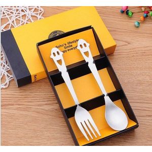 1 SET S/Staal Gelukkig Lachend Gezicht Servies Twee Stuks/set Chopstick Lepel Bestek Servies met Geschenkdoos bestek Set KV 082