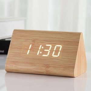 Jinsun Wekker Moderne Houten Thermometer Desk Klokken Led Digitale Klok Geluid Controle Mini Led Tafel Klok