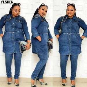 Tweedelige Set Afrikaanse Kleding Afrika Dashiki Mode Nagel Kraal Denim Pak Top En Broek Elastische Party Plus Size kleding