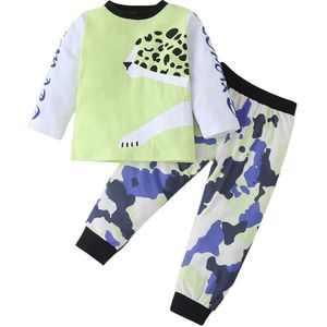 2 Stuks Kinderen Herfst Pak, leopard O-hals Lange Mouwen Top + Camouflage Elastische Taille Broek Voor Baby Kids Jongens, 18M-6Y