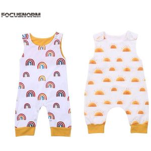 Focusnorm 0-24M Pasgeboren Baby Jongens Meisjes Rompertjes Mouwloze Regenboog Print Katoen Mooie Jumpsuits