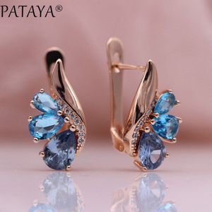 PATAYA Drie Water Gradient Blauw Oorbellen Vrouwen Natuurlijke Zirkoon Party Fijne Mode-sieraden 585 Rose Gold Dangle Oorbellen