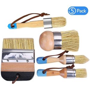 5 Stuks Krijt Verf &amp; Wax Borstel Natuurlijke Haren Borstel Set-Ronde Borstel, 3 Stuk Borstel Set &amp; 4Inch Platte Borstel