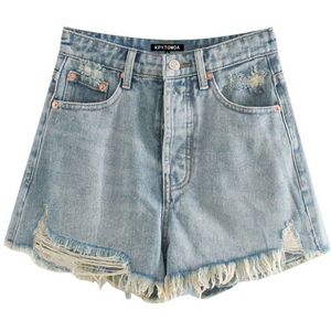 Kpytomoa Vrouwen Chic Ripped Verzwakte Denim Shorts Vintage Hoge Taille Rits Zakken Vrouwelijke Korte Jeans Mujer