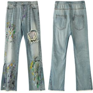 Hip Hop Graffiti Denim Flare Broek Heren Casual Rits Geript Gat Herfst Winter Streetwear Lange Broek Joggers Jeans