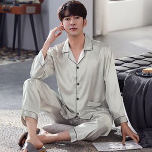 Lente Mannen Pyjama 2 Stuks Ijs Zijde Nachtkleding Set Solid Home Broek Blauw Pijamas Lange Mouwen Pjs Bedgown Homme Slaapkamer pyjama Pak