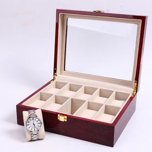 10 Slots Hout Horloge Display Dozen Case Rode Hoge Licht Horloge Organizer Box Pianolak Jewel Display Box