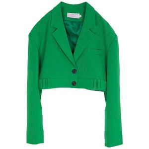 [Eam] Vrouwen Groene Korte Big Size Korte Blazer Revers Lange Mouwen Losse Fit Jas Mode Tij Voorjaar herfst 1DA493