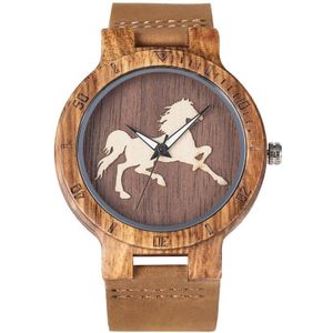 Hout Horloge Quartz Analoge Running Horse Wijzerplaat Driedimensionale Bruin Lederen Band Houten Horloges Erkek Kol Saati Horloge