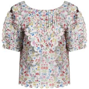 Twotwinstyle Print Bloemen Patchwork Ruche Blouse Voor Vrouwen O Hals Korte Puff Mouwen Blouses Vrouwelijke Zomer Mode