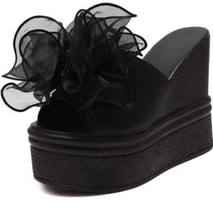 Gdgydh Bloemen Hoge Wedge Slip Op Platform Sandalen Vrouwen Extreme Hoge Hakken Schoenen Voor Zomer Zwart Wit